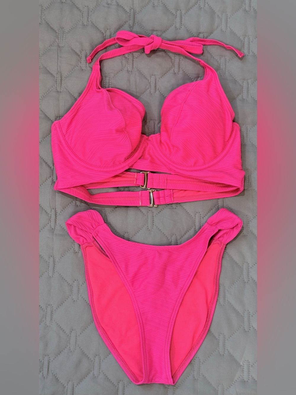 Hot Pink Ribbed Bikini Set with underwire -sz L/D CUP